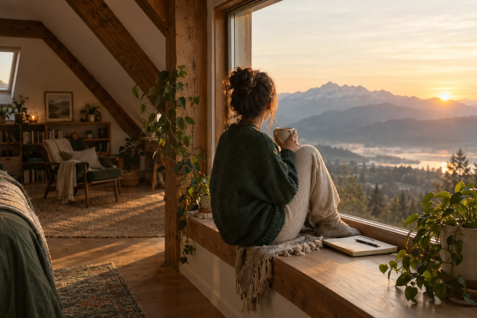 A young adult sitting in a sunlit loft window, looking toward mountains at sunrise